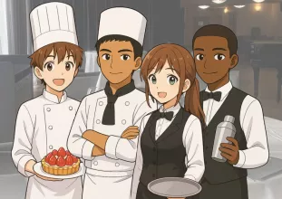 4 jeunes représentent les différents métiers de formation sous forme d'illustration