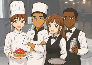 4 jeunes représentent les différents métiers de formation sous forme d'illustration