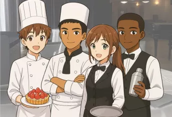 4 jeunes représentent les différents métiers de formation sous forme d'illustration